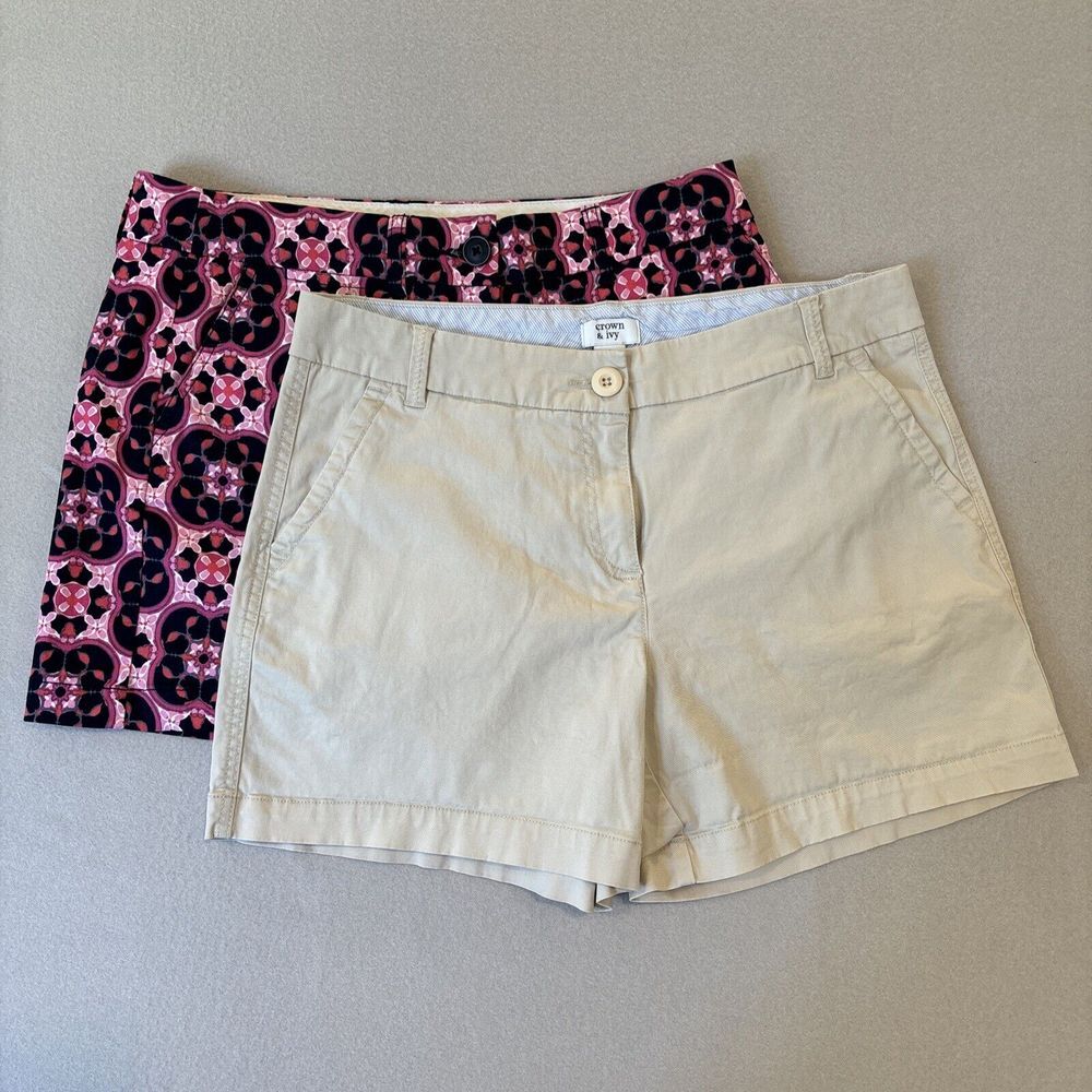 (2 Pair) Crown & Ivy Size 6 CAROLINE‎ BLUE & Pink/TAN Patterned Shorts EXCELLENT